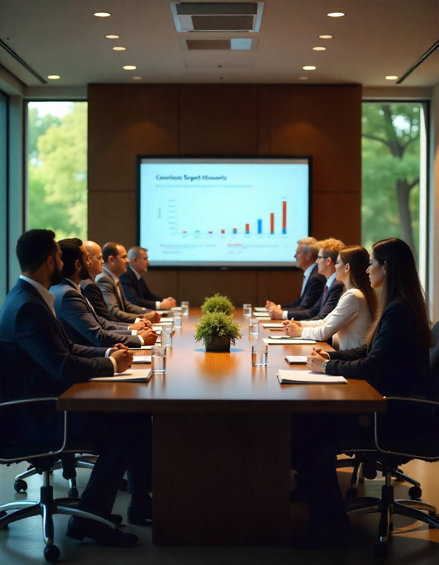 shareholders meeting showing financial information on the screen